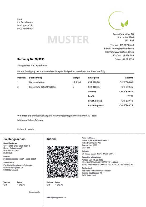 So könnten Rechnungen ab dem 30. Juni 2020 daherkommen. Bild: SIX Banking Services